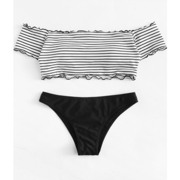 Black White Striped Off Shoulder Bikini - Picture 2 of 3